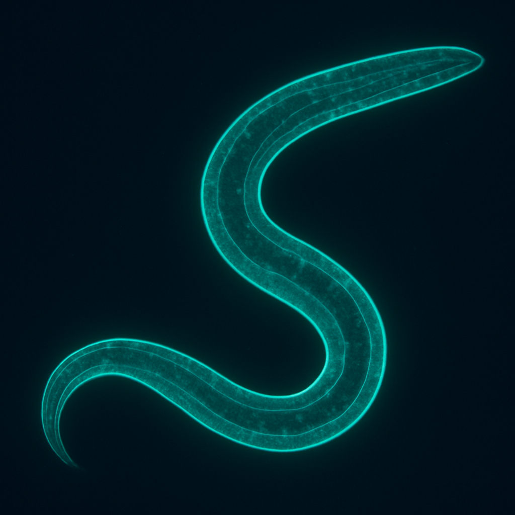 Fluorescence microscopy view of Caenorhabditis elegans used in longevity assays